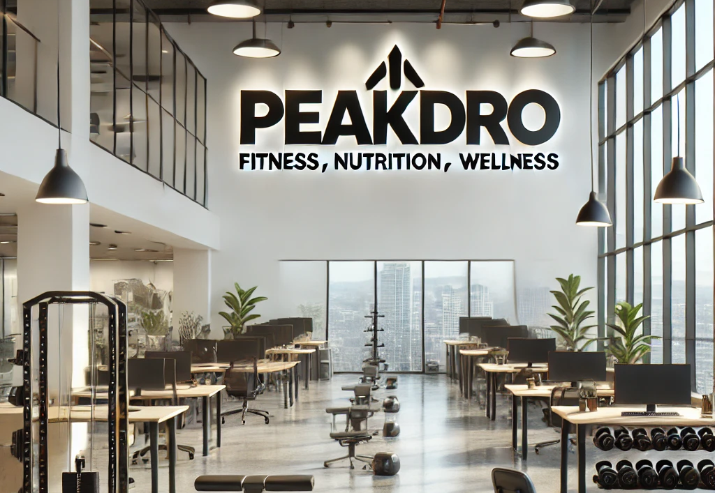 DALL·E 2024-09-05 01.23.43 - A realistic photo of a spacious modern office for PeakDro, with a focus on fitness, nutrition, and wellness. The office features large windows, open w