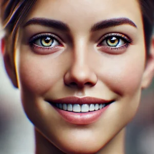 A close-up of a highly realistic and expressive face depicting happiness and confidence. The person's eyes are bright, with a lively gaze and a warm s
