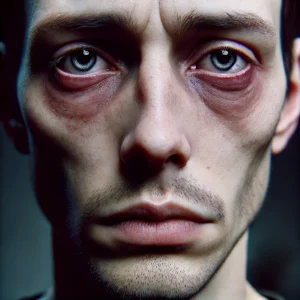 A close-up of a highly realistic and expressive face showing fatigue and anxiety. The person's eyes have noticeable dark circles, a hollow gaze, and a